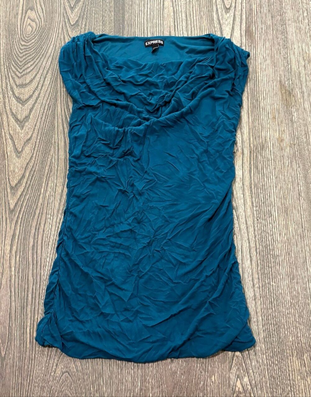 Express Womens Cowl Neck Draped Ruched Side Sleeveless Tunic Top Teal Blue Small